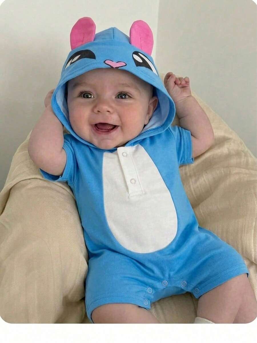 SHEIN Unisex Newborn Baby Boy/Girl Cute 3D Big Ear Design Hooded Short Sleeve Romper Set,Outfit Boy Clothes Suit Knit - Blue - View 1