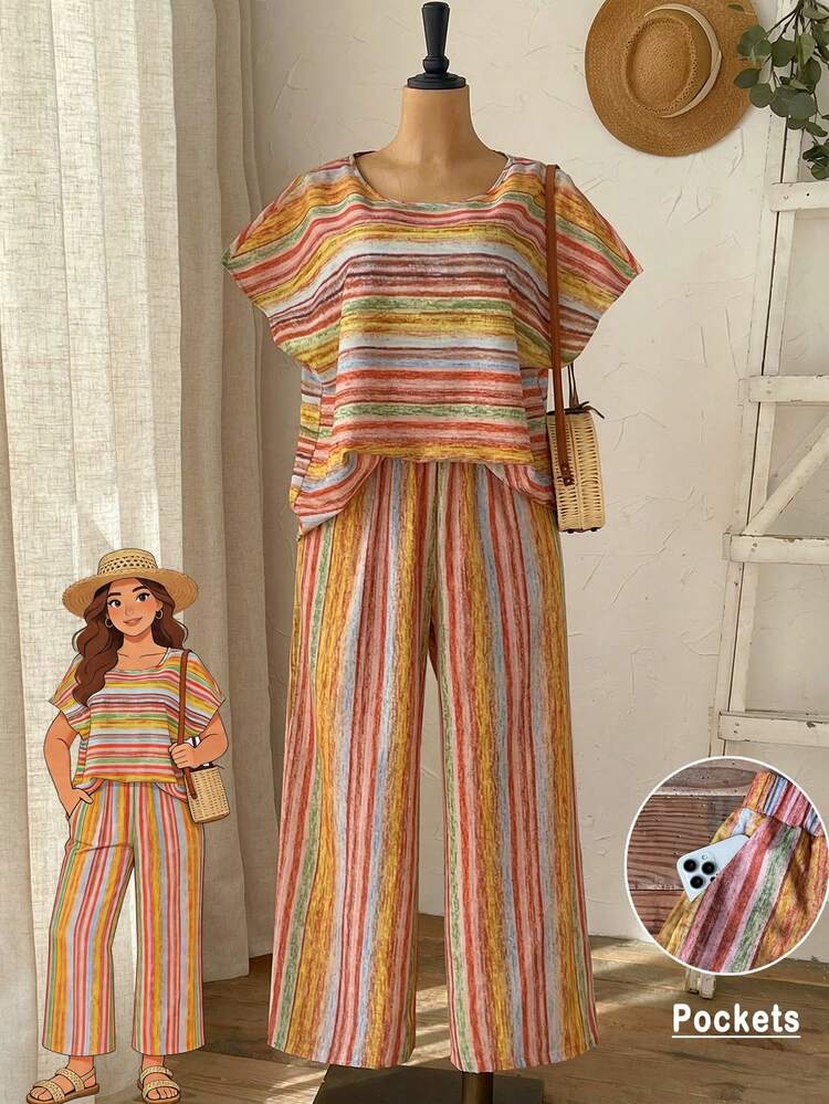 2pc Set Plus Size Women's Summer Casual Vacation Country Striped Batwing Sleeve Shirt And Wide Leg Pants Casual 2 Pieces Set,Casual Holiday Style,Summer Outfits For Women ,Vacation Outfits Women ,Holiday Outfits For Women,Going Out Outfits, New Clothes,Simple And Fashionable For Everyday Wear,Suitable For Summer, Vacation, Daily Wear, Festival Outfits For Women,Country Concert Outfit,Beach Outfits For Women,Western Style,,Gifts For Mother,Boho  Set,Modest Two Piece Set, Plus Size Summer Sets,Plus Size Pants Set,Boho Set,Boho Pants Set For Women,Wide Leg Pants Set,2 Piece Casual Sets Woman,Two Piece Set Women