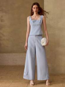 MOTF PREMIUM 女士刺绣阔腿西装裤，休闲约会装，春夏款 - 藍色 - 查看 3