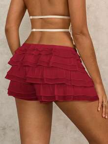SHEIN Swim Women's Solid Color Ruffle Trim Coverup Skort Set Holiday Beach Vacation Holiday Burgundy Summer Boho Cute - Burgundy - View 2