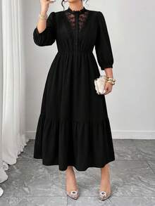 Elenzga Vestido de unicolor con volantes en el bajo, manga 3/4, corte evasé y parches de encaje para mujer de talla grande - Negro - Ver 6