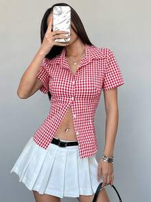Flirla Camisa de mujer de manga corta con cuello polo, de estilo casual y versátil, con cintura ceñida y estampado de cuadros al estilo retro de Hong Kong, para primavera/verano - Rojo - Ver 5