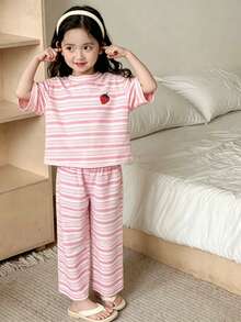 Elladie kids 少女粉色纹理条纹数码印花T恤和时尚喇叭裤套装 - 粉色 - 查看 6