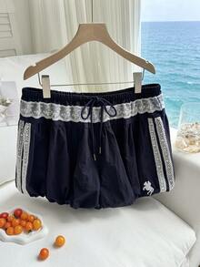 Comfortcana Plus Size Lace Patchwork Drawstring Casual Cute Horse Logo Bubble Shorts, Summer Day Navy Blue - Navy Blue - View 4