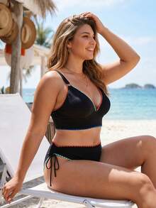 Swim Lushoire Conjunto de bikini con ribete de contraste talla grande, adecuado para la playa y vacaciones - Negro - Ver 4