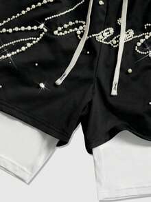 ROMWE MEN Street Life 2026 Printemps/Été Nouveau Style Décontracté Mode Y2K Shorts Ornés 2 en 1, Pantalon Assorti Unisexe pour Couple - Noir - Voir 5