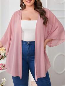 SHEIN CURVE+ Áo kimono lưới xuyên thấu màu trơn dành cho nữ cỡ lớn - Hồng - Xem 3