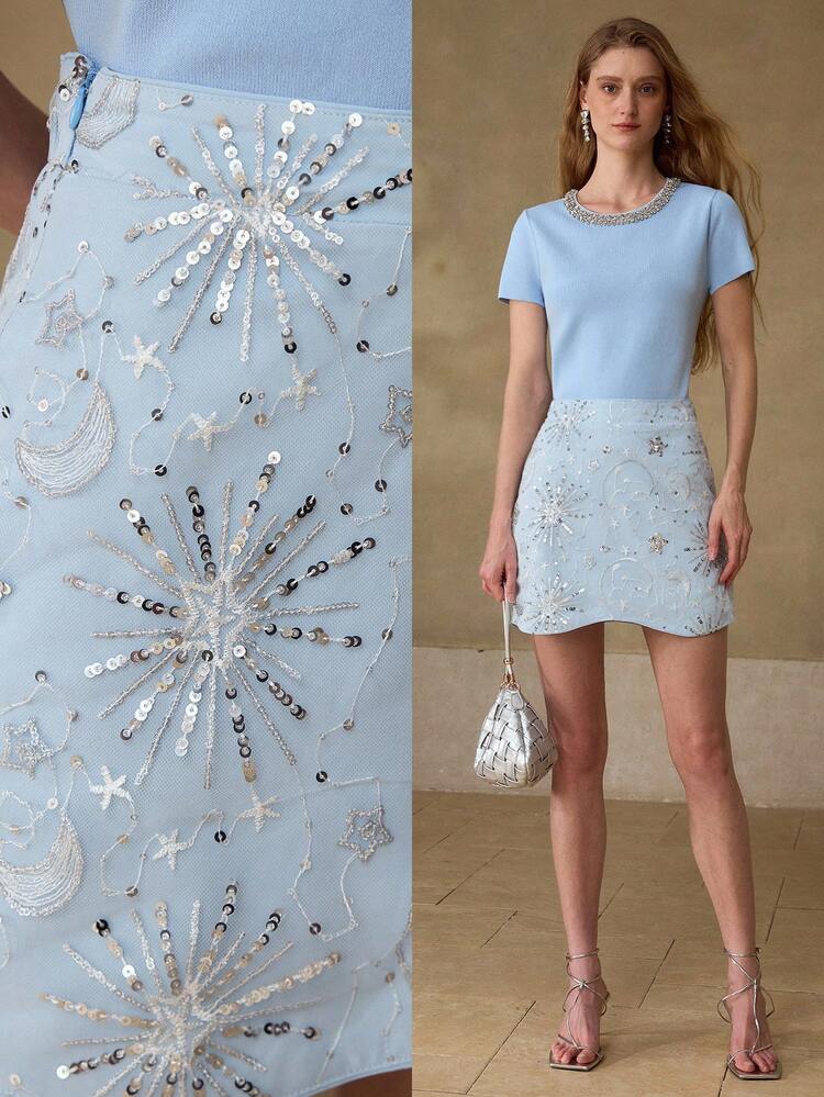 BLUE CURVED HEM CONTRAST SEQUIN STAR EMBROIDERED SKIRT