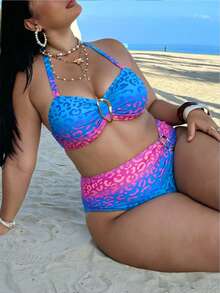 Slaydiva Plus Size Swimwear Set Baby Blue,Summer,Beach,Vacation,Holiday Colorful Ombre Leopard Print Metal Buckle Halter Neck High Waist Bottoms Outfit - Multicolor - View 4