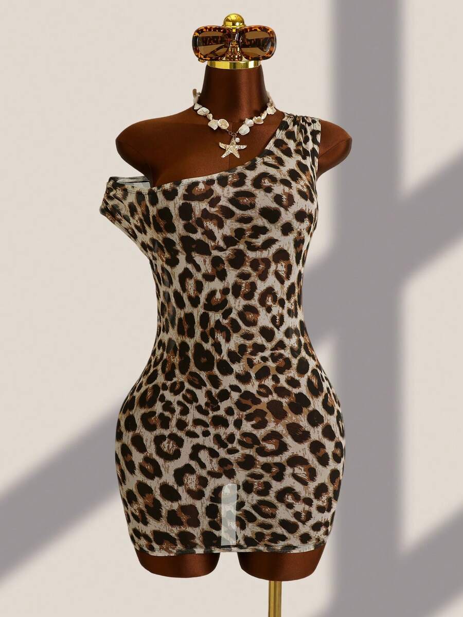 1pc Women's Summer Beach Vacation Leopard Print Asymmetric Neck Cover-Up - Multicolor - View 1