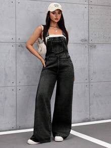 SHEIN Tall 女款休閒口袋寬腿牛仔吊帶褲，適合高個女性 - 黑色 - 查看 5
