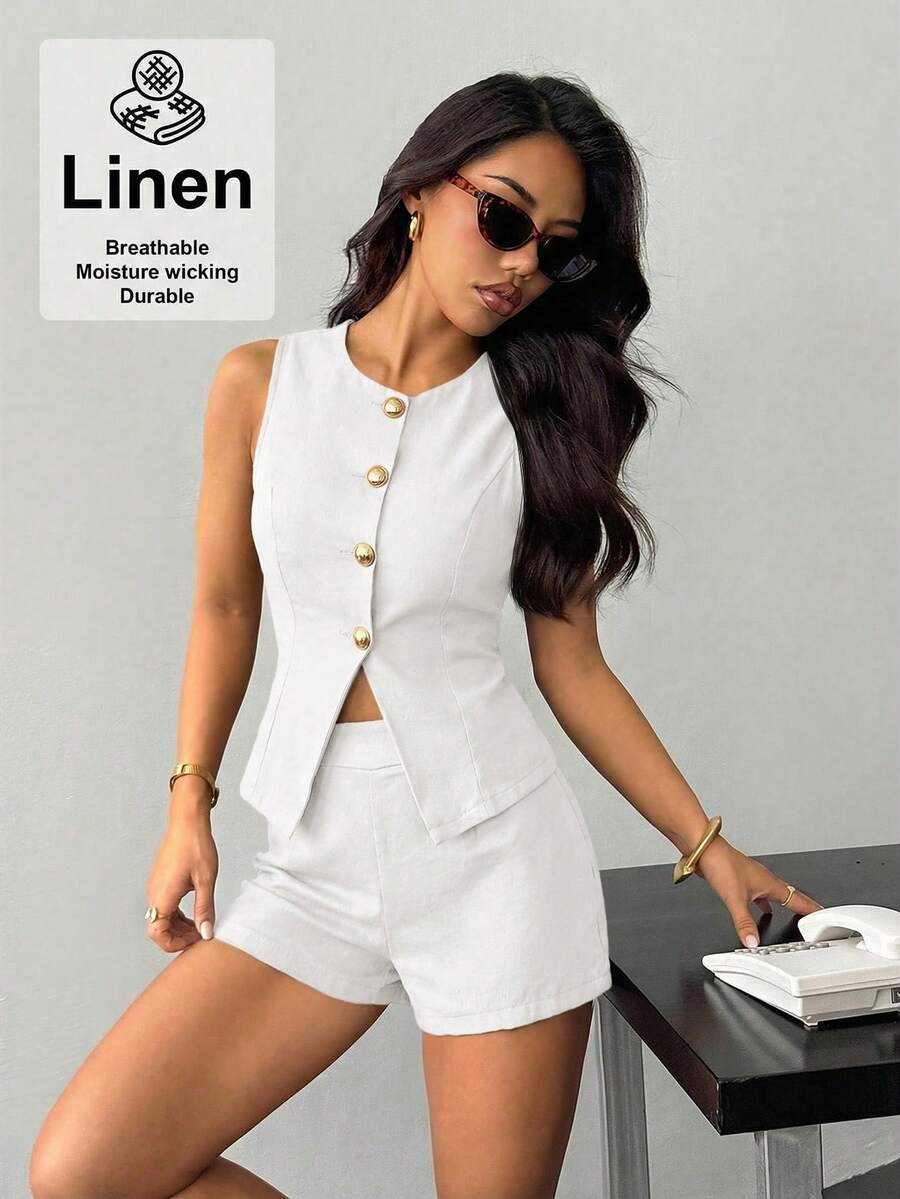 SHEIN PETITE Bộ vest nữ, thanh lịch và thoải mái. - trắng - Xem 1