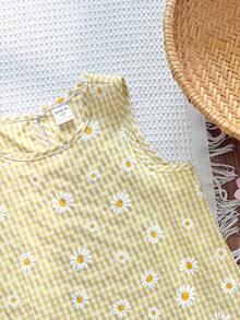 SHEIN Đầm bé gái, đầm đi nghỉ mát, đầm thường ngày, đầm không tay kẻ caro vàng trắng họa tiết hoa cúc. - Màu vàng - Xem 5
