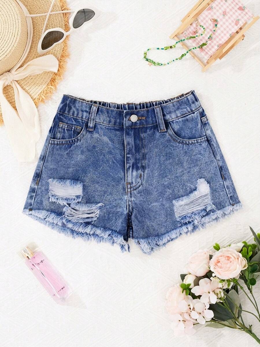 SHEIN Tween Girl Y2K Spring Summer Break Light Washed Casual Versatile Distressed Low Waist Ripped Raw Hem Denim Jeans Shorts With Raw Hem, Summer Beach Boho Vacation Shorts, Summer Concert Festival Casual Rave , Girls Summer Brunch Graduation - Dark Wash - View 1
