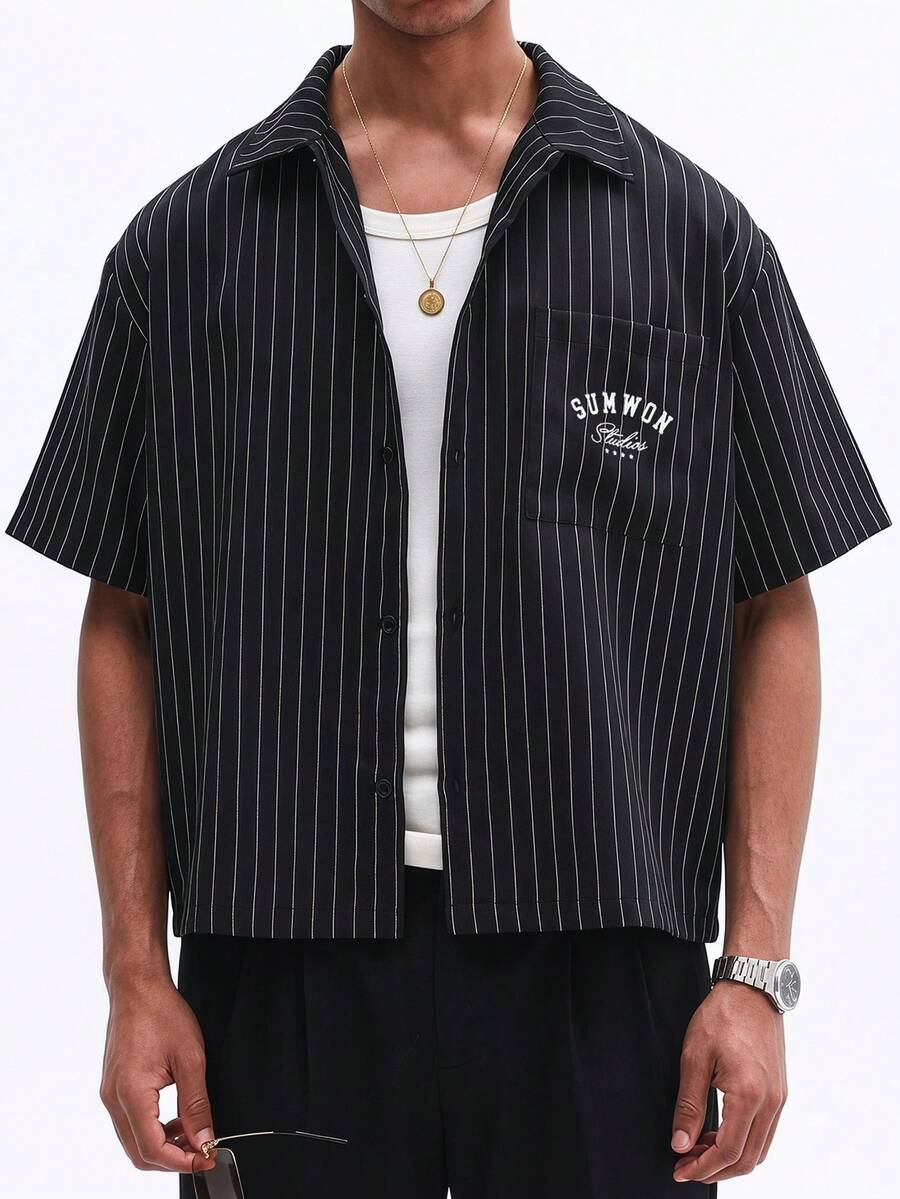 SUMWON Men's Striped Short Sleeve Button Up Shirt With Chest Print Regular Fit Summer Casual Collar Shirt, Pin Stripe Shirt, Streetwear Shirt, Mens Shirt - Black - View 1