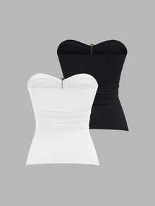 Sweetra Women's Casual Fashion Strapless Slit Chest Gathered Top Set - Multicolor - View 2