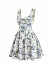 GlowEve Women's Elegant Sleeveless Floral Print Dress, Summer - Blue - View 7