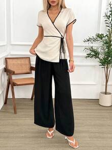 Easowa Elegant Women's Summer Outfit,V-Neck Criss-Cross Tie Bow Contrast Trim Shirt&Elastic Waist Wide Leg Pants Set,Black And Beige Commuter Brunch Outfit - Multicolor - View 5