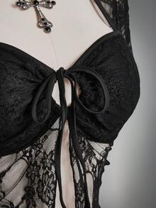 SHEIN ICON Áo ren tay ngắn buộc dây phía trước cổ vuông gợi cảm cỡ lớn, kiểu dáng cổ điển Y2K. - màu đen - Xem 11