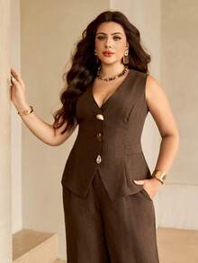 Roveilla Plus Size Women's Summer Elegant Brown Dinner 2-Piece Set,Linen-Like V-Neck Sleeveless Vest With Metal & Wood Buckle,Back Tie Wide Leg Pants Workwear - Brown - View 3
