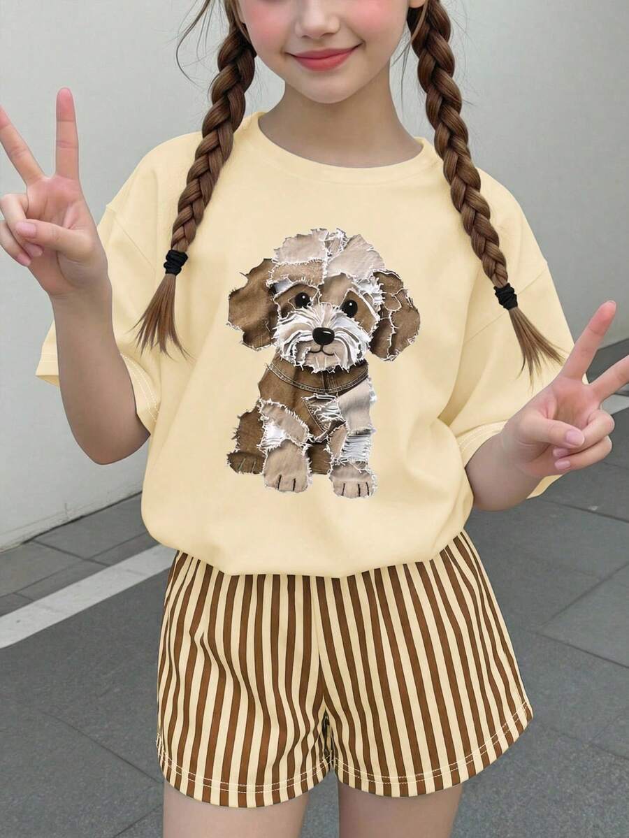 Tween Girls Casual Cute Textured Puppy Graphic Loose Crew Neck Short Sleeve T-Shirt And Striped Shorts 2 Piece Set,Suitable For Spring Summer - Multicolor - View 1