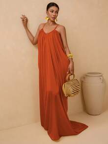 Vesra Spaghetti Strap Deep V-Neck Backless Pleated Dress With Draped Tail, Sexy & Elegant For Women - Burnt Orange - View 4
