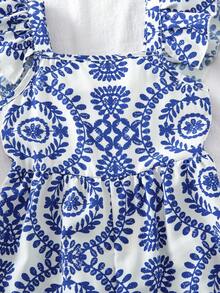 SHEIN Young Girl Ditsy Floral Ruffled Collar Casual Jumpsuit - Blue and White - View 10
