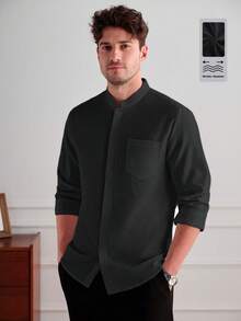Core Aspect Men's Casual Solid Color Long Sleeve Patch Pocket Shirt, Formal - Black - View 5