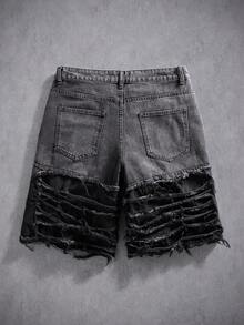 Manfinity Denimwave Men's Casual Distressed Frayed Hem Printed Black Denim Shorts Gothic Men Shorts Punk Pants Men - Black - View 2