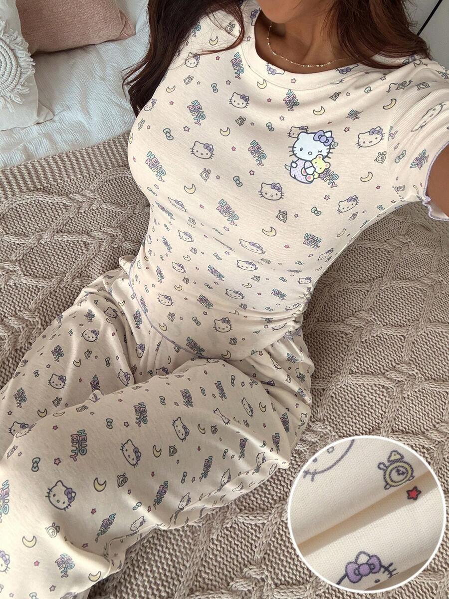 HELLO KITTY | DAZY 女士可爱印花短袖针织睡衣套装，包含上衣和裤子，夏季款 - 黃色 - 查看 1