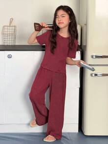 DAZY Conjunto de ropa informal para niñas preadolescentes con camiseta de rayas + pantalones rectos a rayas - Burdeos - Ver 8