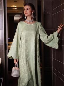 SHEIN Najma Áo Abaya Thổ Nhĩ Kỳ và áo choàng truyền thống Ả Rập tay dài màu hồng dệt jacquard đính hạt cườm sang trọng dành cho nữ mùa xuân/hè. - Màu xanh Bạc hà - Xem 3