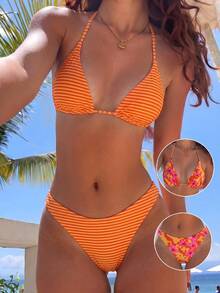 SHEIN Swim Mod 夏季度假性感碎花双面露背吊带三角罩杯比基尼套装 - 彩色 - 查看 2