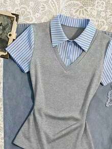 SHEIN 女士二合一 Polo 领短袖 T 恤 - 灰色 - 查看 4