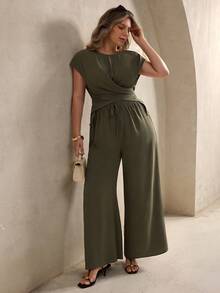 SHEIN Privé Plus Size Women Spring/Summer Twist Knot Cinched Waist Elegant Suit - Army Green - View 3