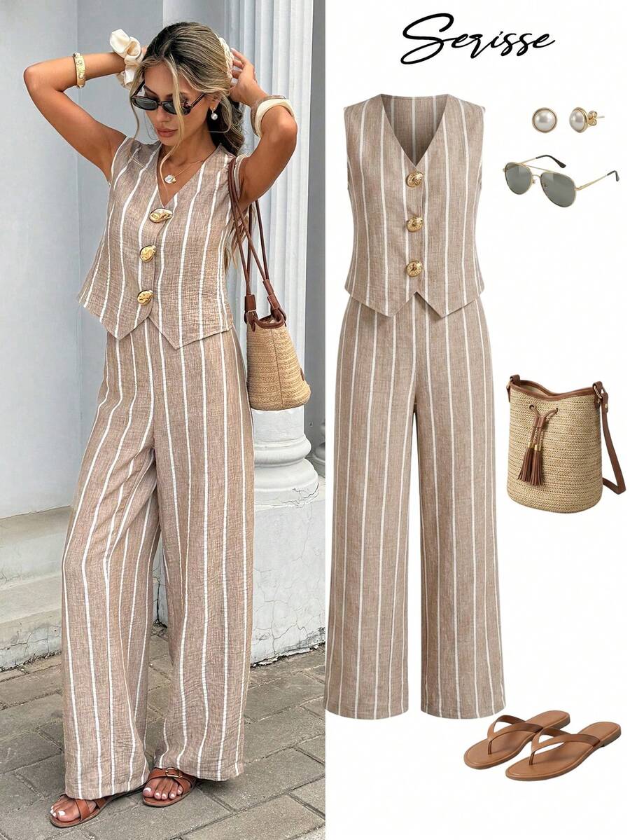 Serisse 2pcs/Set Women Striped Linen Vacation Casual Striped Tank Top And Pants 2 Pieces Set,Texture Minimalist Commuter/ Office Outfit Ladies Metal Decor Sleeveless  Long Pants Set, Simple Vest Set,Office Commuting Horse Jacket Set,Summer Sets,For Daily Wear,French Holiday Outfits Summer Sets , Spring  Sets ,Spring Outfit Women ,Valentine's Day ,New Year Sets Striped Pants Set Resort - Apricot - View 1