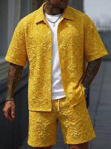 Manfinity CasualCool Men's Yellow Casual Jacquard Short Sleeve Button-Up Shirt & Drawstring Shorts Set,Funny Summer Holiday Vacation 2 Piece Outfits For Wedding Party - Yellow - View 3