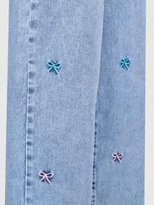 SHEIN Girls' Oversized Loose Fit Straight Leg Jeans,Light Blue Washed Cotton With Embroidered Butterfly Decor,Cute Summer Back-To-School Jeans For School - Light Wash - View 4