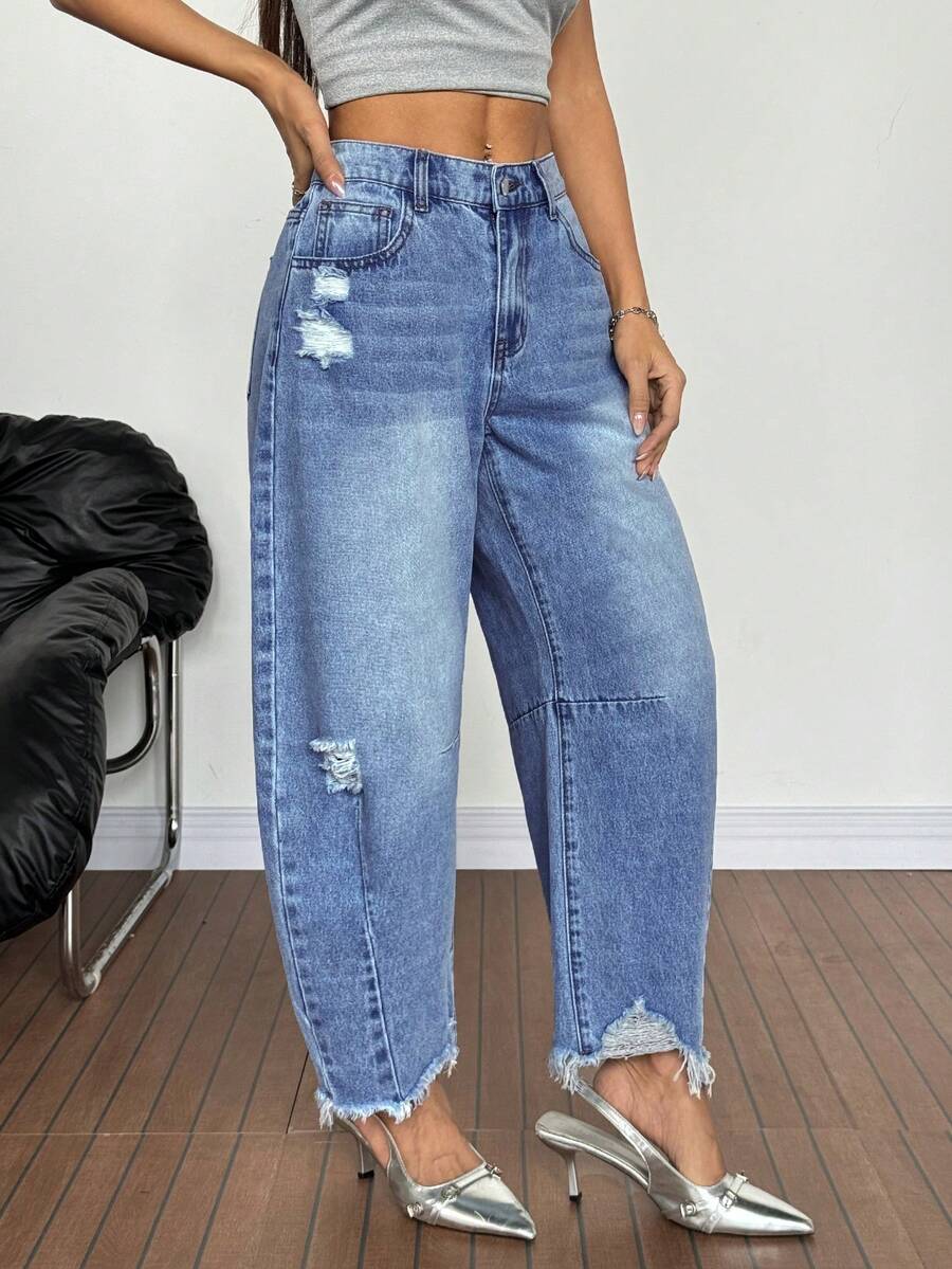 SHEIN PETITE 夏季小版女款休閒Y2K高腰破洞桶型牛仔褲 磨邊寬腳鬆垮牛仔長褲 街頭風口袋寬鬆短版牛仔褲