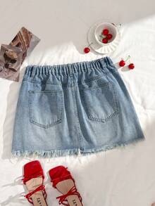 Comfortcana Plus Size Women's Light Blue Distressed Cherry Embroidery Denim Mini Skirt,Cute Summer Vacation Beach Holiday Festival Country Concert - Medium Wash - View 2
