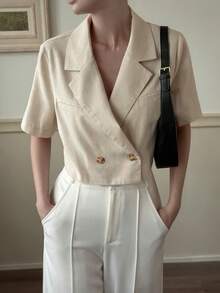 Dazy-Less Women's Khaki Loose Cropped Blazer, Casual Business Lightweight Jacket For Spring & Summer - Khaki - View 5