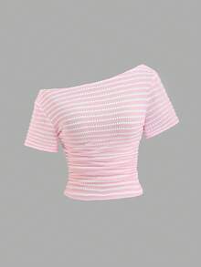 Sweetra Áo thun nữ tay ngắn cổ lệch, kẻ sọc, xếp ly, kiểu dáng thường ngày - Hồng - Xem 1