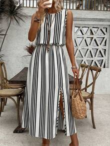 Breezaya 无袖圆领纯色休闲通勤连衣裙，收腰设计，开衩下摆，适合女性穿着，长款设计。 - 彩色 - 查看 3