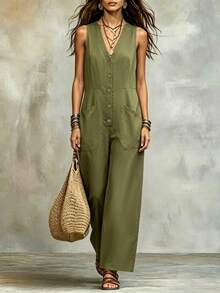 LUMIGAL Bộ jumpsuit nữ không tay cổ chữ V có túi cài cúc, ống đứng, thời trang xuân/hè. - xanh quân đội - Xem 1