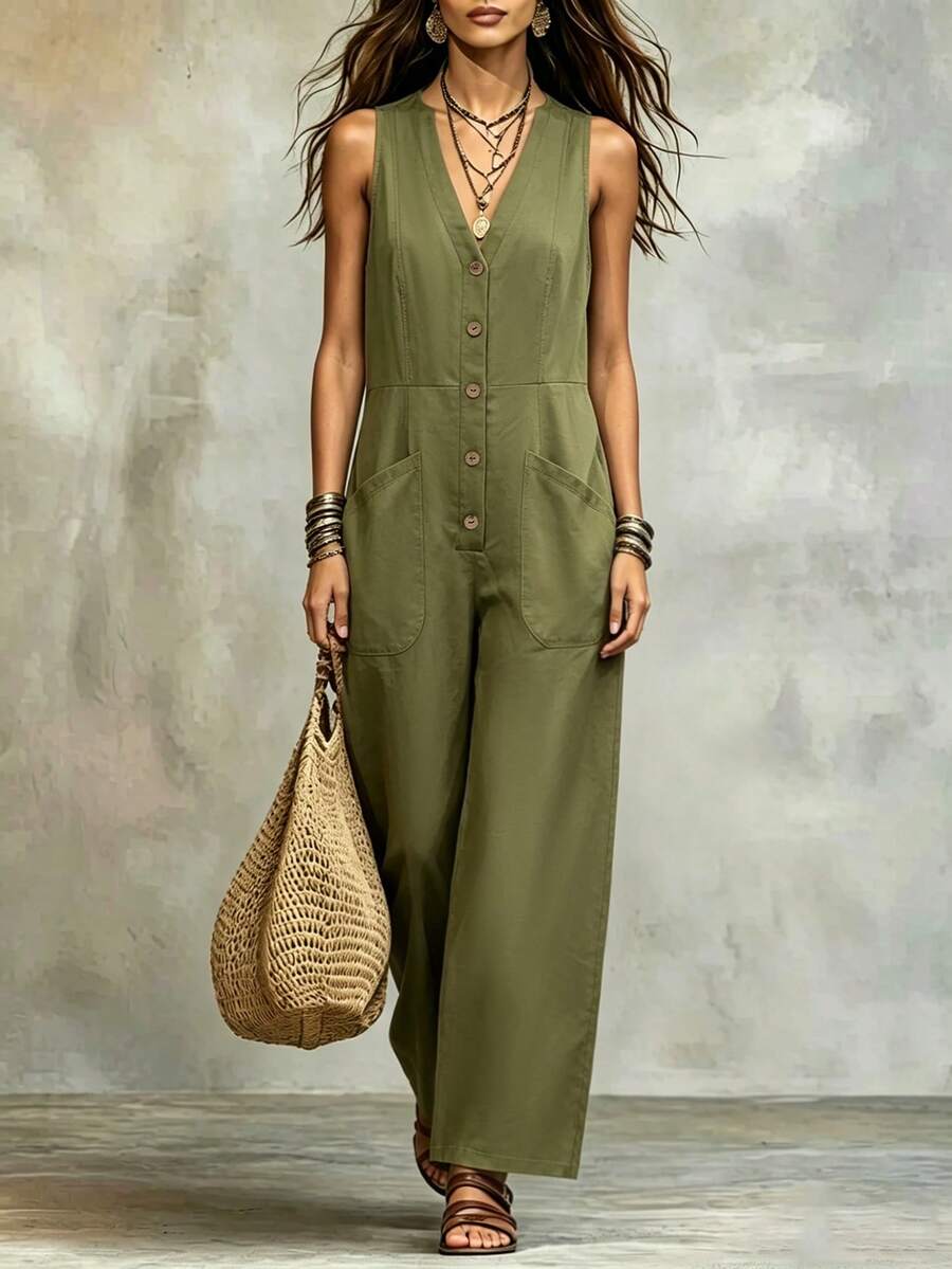 LUMIGAL Bộ jumpsuit nữ không tay cổ chữ V có túi cài cúc, ống đứng, thời trang xuân/hè. - xanh quân đội - Xem 1