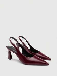 CUCCOO BIZCHIC Women Shoes Women's High-Heeled Shoes Spring And Summer New Dating Versatile Pointed Thick Heel 8 Cm Temperament Elegant Glossy PU Solid Color Low Vamp Back Strap Workplace Daily Shopping Party Comfortable Height Increase - Burgundy - View 9
