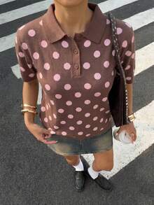 Muchica 女士休闲粉色波点 Polo 领短袖针织衫，春假穿搭，女士户外衬衫，可爱学院风上衣，可爱短袖波点衬衫，波点上衣，波点衬衫 - 彩色 - 查看 3