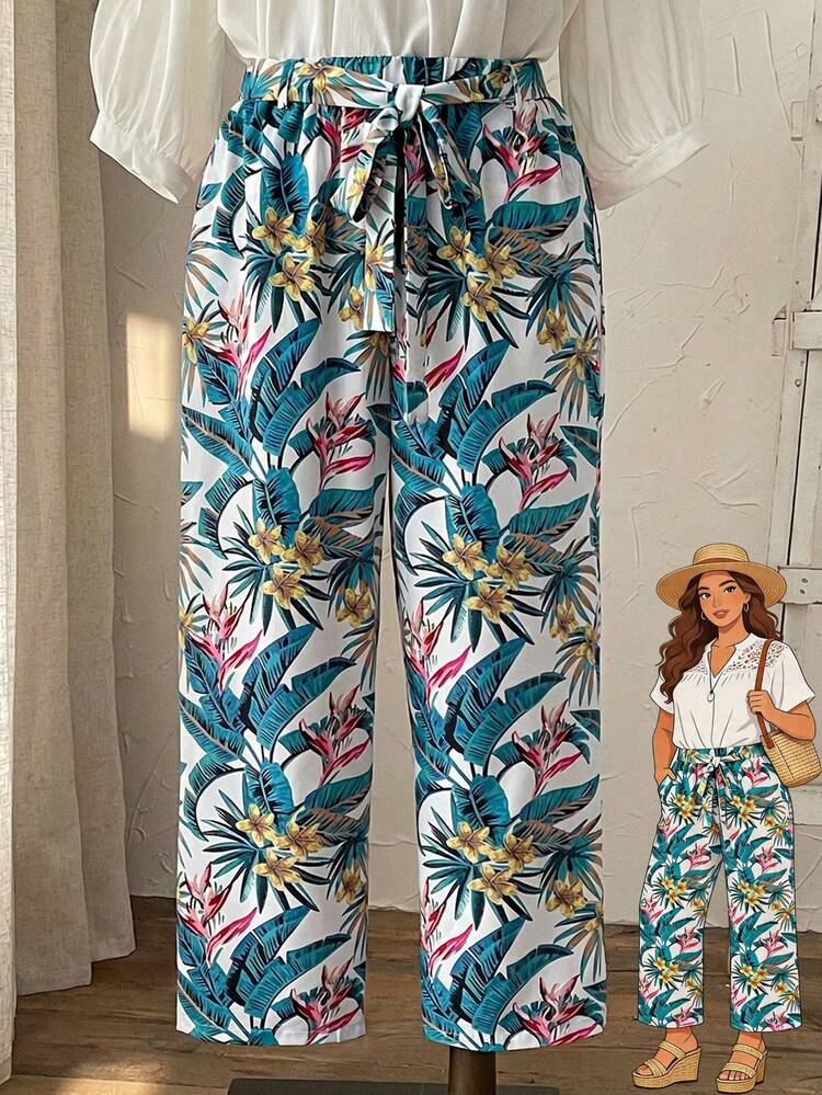 Plus Size Women's Summer Casual Vacation Country Floral Print Belted Wide Leg Pants With Pockets,Casual Holiday Style,Summer Outfits For Women ,Vacation Outfits Women ,Holiday Outfits For Women,Going Out Outfits, New Clothes,Simple And Fashionable For Everyday Wear,Suitable For Summer, Vacation, Daily Wear, Festival Outfits For Women,Country Concert Outfit,Beach Outfits For Women,Western Style,,Gifts For Mother,Boho  Pants