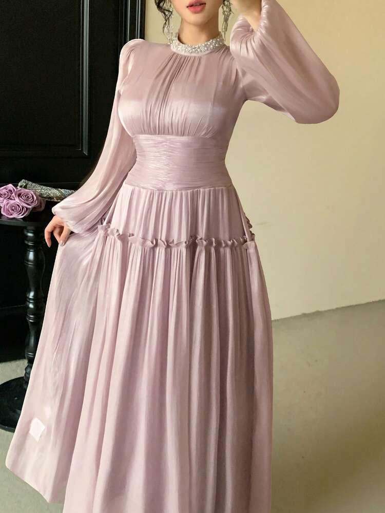 Women's Solid Color Faux Pearl Decor Stand Collar Lantern Sleeve Elegant Mid-Length Dress