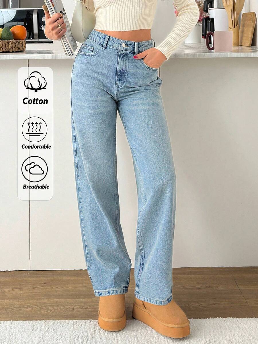 EURMUSE 高腰牛仔蓝直筒简约时尚日常休闲 - 中等水洗藍 - 查看 1